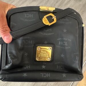 ❤️ HCL small vintage Black Crossbody Bag with Gold Logo Plate made in Germany.